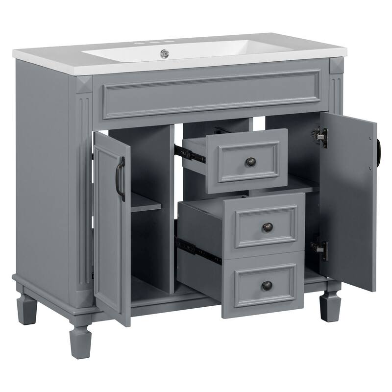 36" Bathroom Vanity with Mirror Cabinet, Ceramic Sink, Black Storage Cabinet with Soft-Close Doors & Drawers