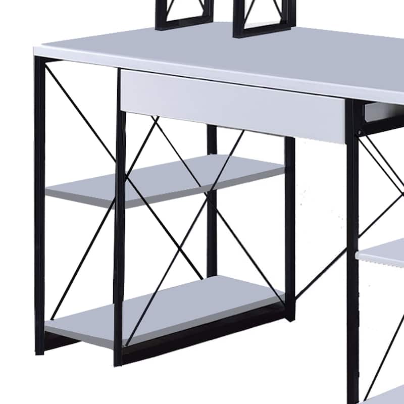 Industrial Style Desk with 4 Open Selves and Bookcase Hutch, White