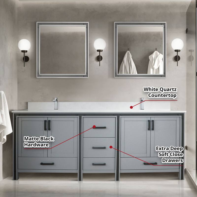 Ziva Bath Vanity, White Quartz Top and Mirrors