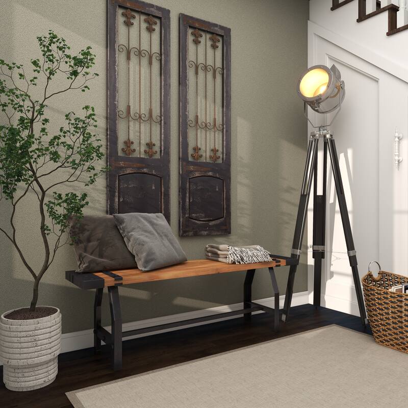 Brown Wood Bench with Black Metal Base and Studs - 55 x 13 x 18