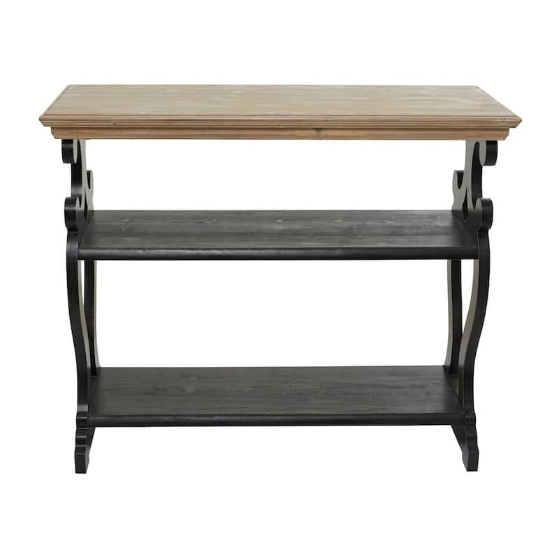 White Wood Scroll Side Frames 2 Shelf Console Table with Brown Wood Top - White or Black
