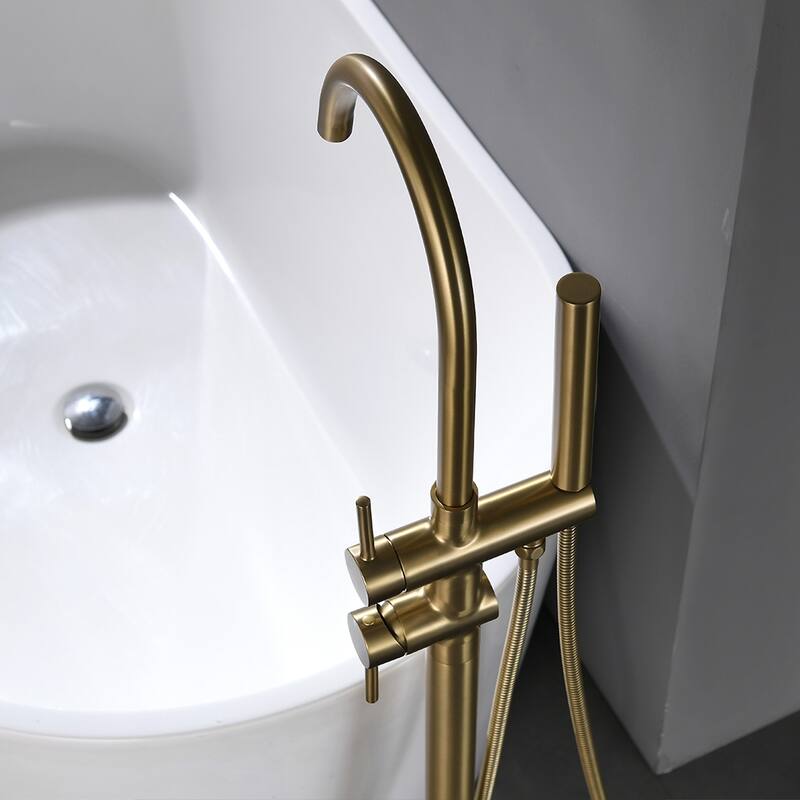 Freestanding Brushed Gold Tub Filler Bathtub Faucet with Handheld Shower
