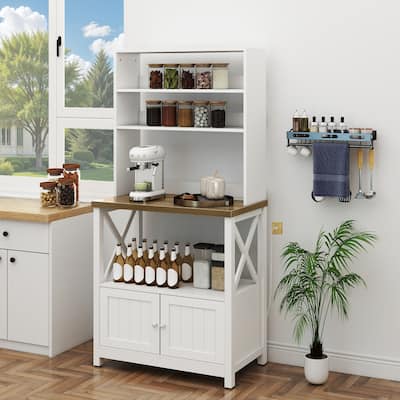 Moasis Kitchen Microwave Stand Bakers Rack Coffee Bar with Power Outlet and Storage Shelves
