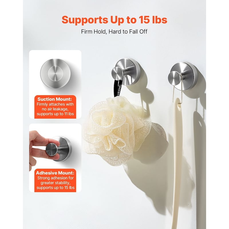 Stainless Steel Suction Cup Hooks for Bathroom Shower No Drill 2-Pack - 2.36 x 2.36 x 1.85 in