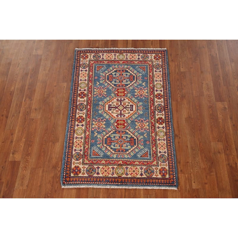Blue Kazak Oriental Accent Rug Hand-Knotted Geometric Wool Carpet - 2'8"x 4'1"