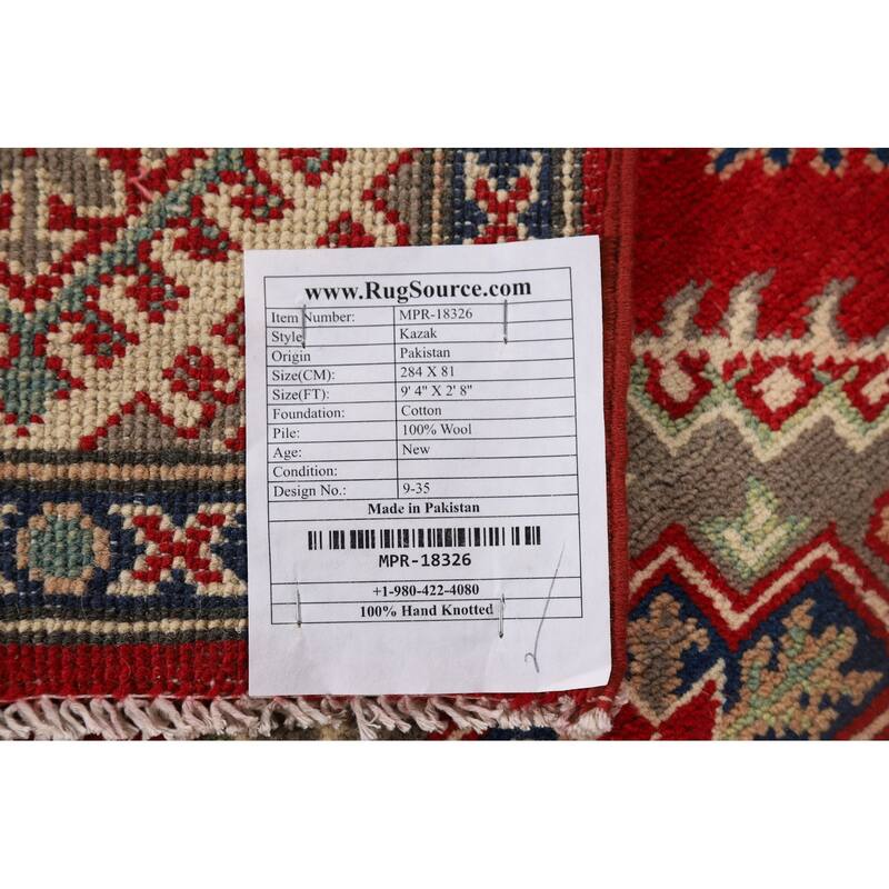 Red Geometric Kazak Oriental Runner Rug Hand-Knotted Wool Carpet - 2'8" x 9'4"