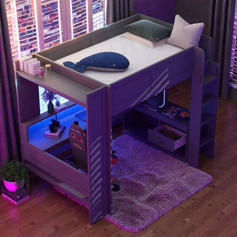 Full Size Gaming Loft Bed with Desk, Storage Shelves, LED Lights and Charging Station, Wooden Loft Bed Frame