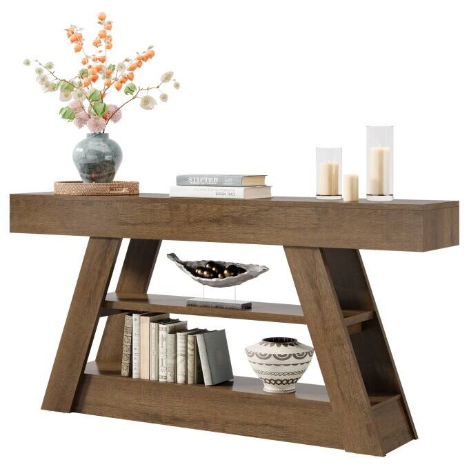 63-Inch Console Table, Wooden Entryway Table with Storage Shelves
