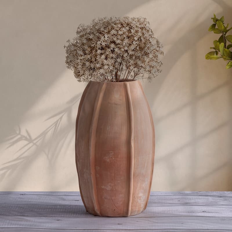 Vertical Ridge Sculpted Terracotta Vase - 12.5" - Brown