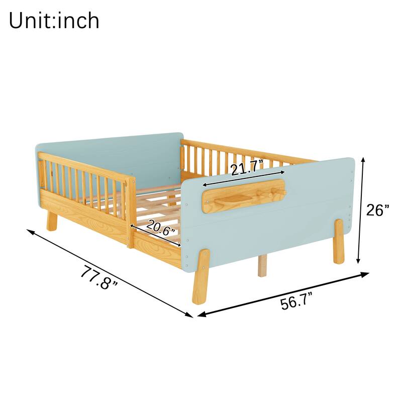 Kids Wood Platform Bed with Guardrails, Bottle Holder and 2 Hanging Rod, Convertible Toddler Daybed, Low Profile Design Frame