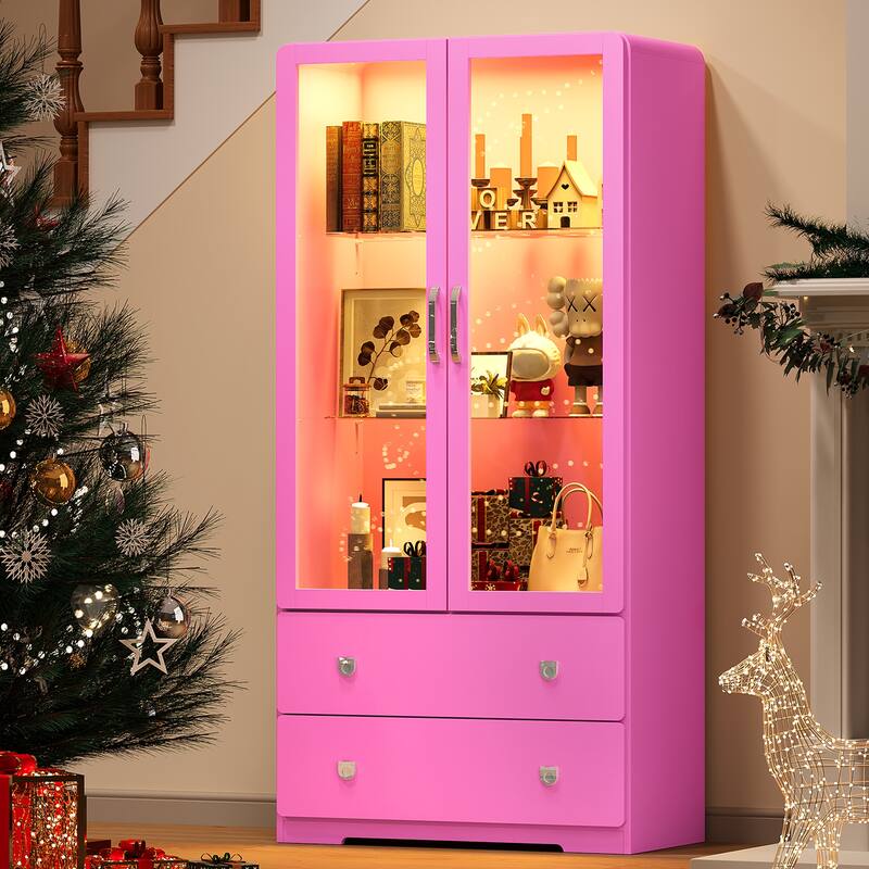 64'' Tall Display Cabinet with Acrylic Doors and LED Lights - N/A