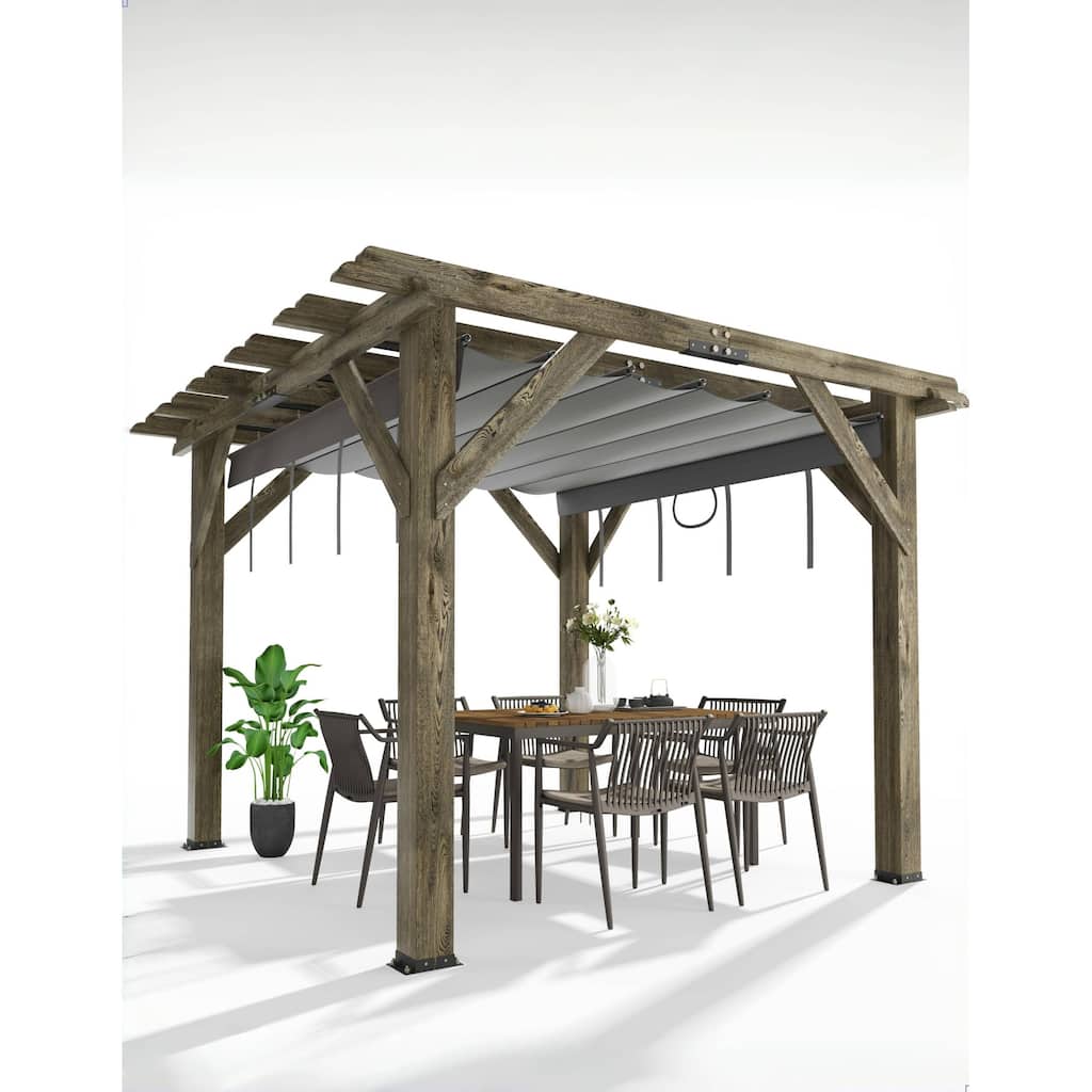 10'X 10' Cedar Wood Pergola with Solid Structure, Retractable Shade Canopy, Durable, Rot Resistant