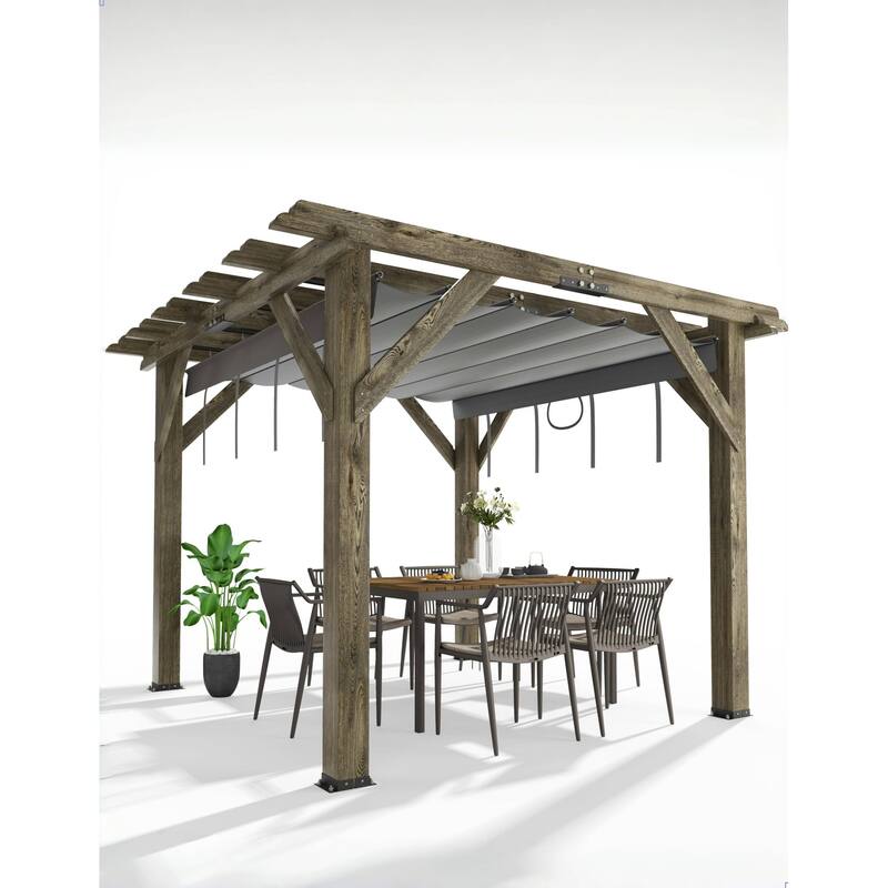 Wood Pergola with Retractable Sunshade Canopy - 10X10 Ft-4Boxs