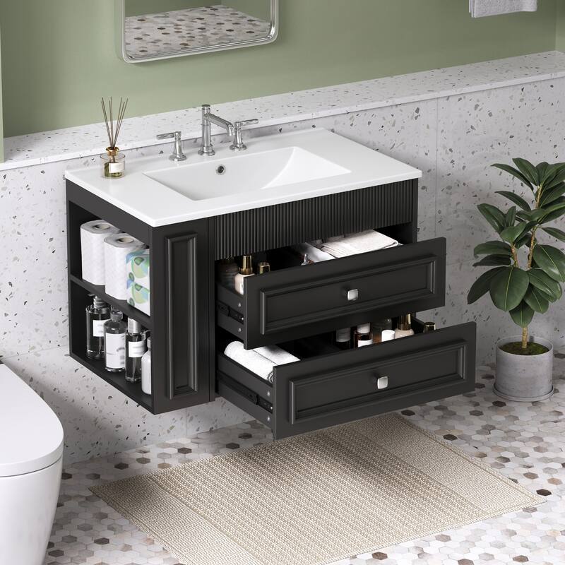 30" Wall Mounted Bathroom Vanity,Floating Bathroom Storage Cabinet with 2 Drawers,3 Holes Single Ceramic Sink,Modern Cabinet