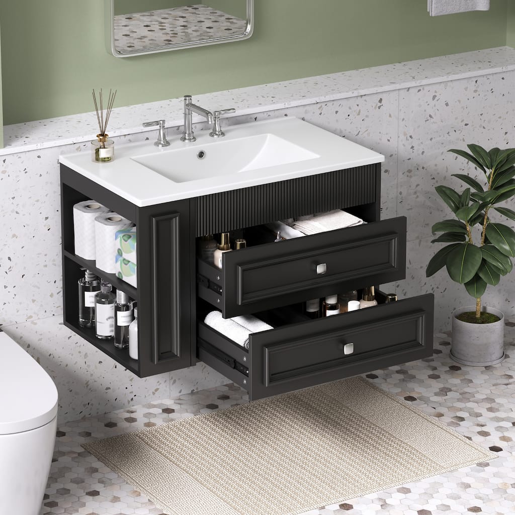 30 Inch Wall Mounted Bathroom Vanity with 2 Drawers and Ceramic Sink