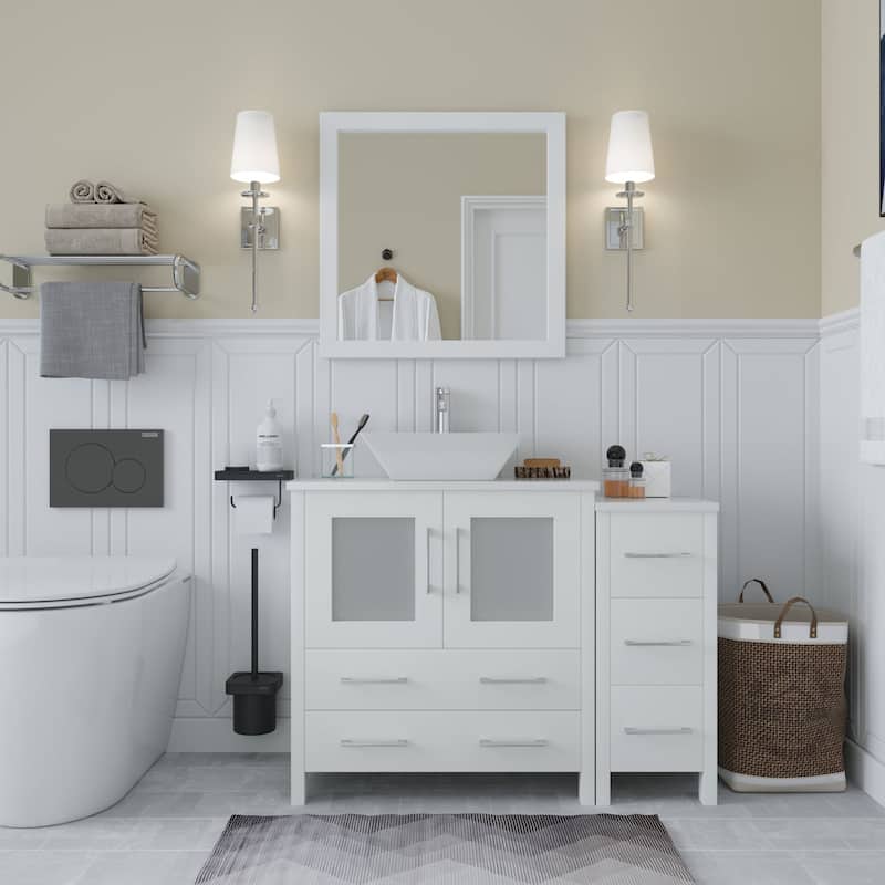 Vanity Art 42" Single Sink Bathroom Vanity Set with Engineered Marble Top and Free Mirror - 42 x 18.5 x 36 Inches - White