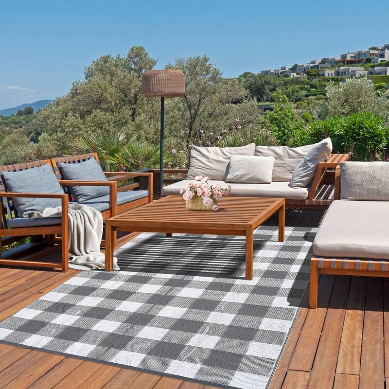 Outdoor Rug Waterproof Reversible Rug Indoor Outdoor Plaid Area Rug Plastic Straw Rug for Camping RV Backyard Patio