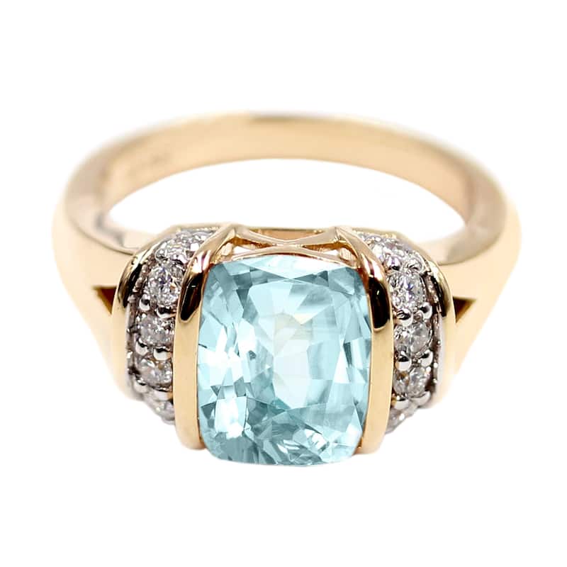 14K Yelow Gold Aquamarine, Diamond Ring