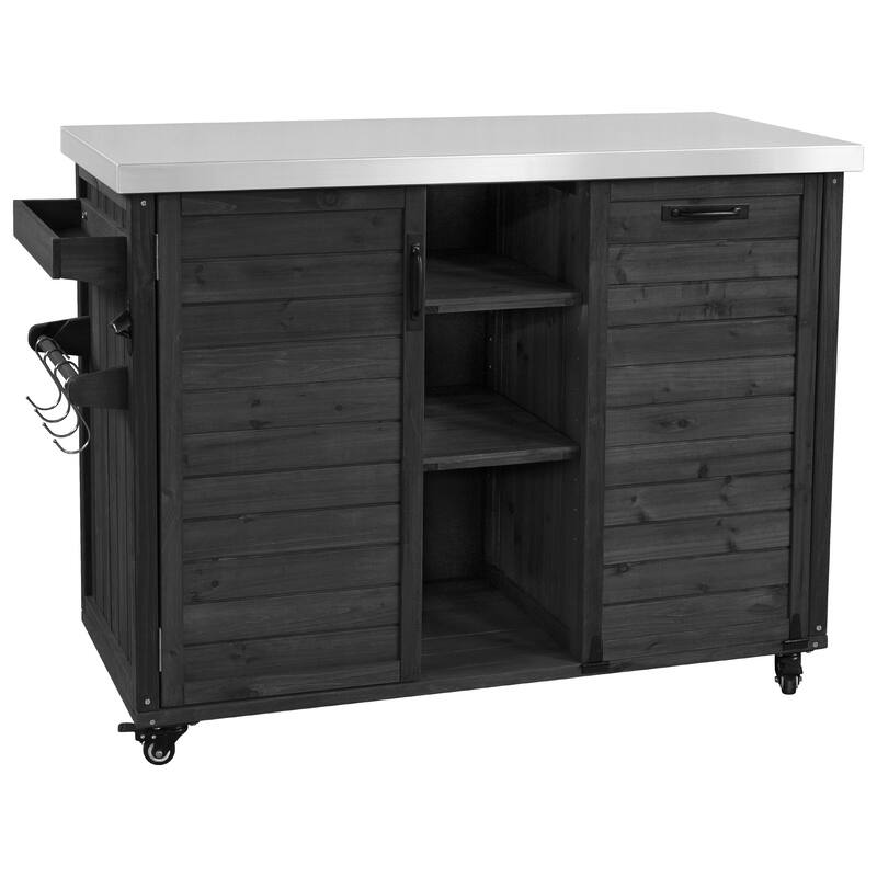 78.3" Outdoor Kitchen Island with Foldable Grill Table, Wooden Cart with Trash Storage & Stainless Steel Top for Lawn & Garden