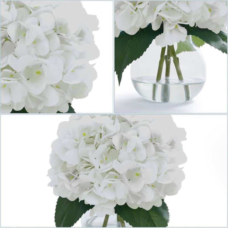 2 Pack Artificial Hydrangea Flowers in Glass Vase with Faux Water for Home Decor - 2 pcs