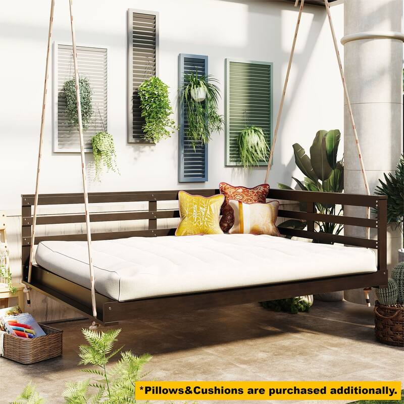 Durable Acacia Wood Porch Swing Bed with Hemp Ropes for Patio and Garden