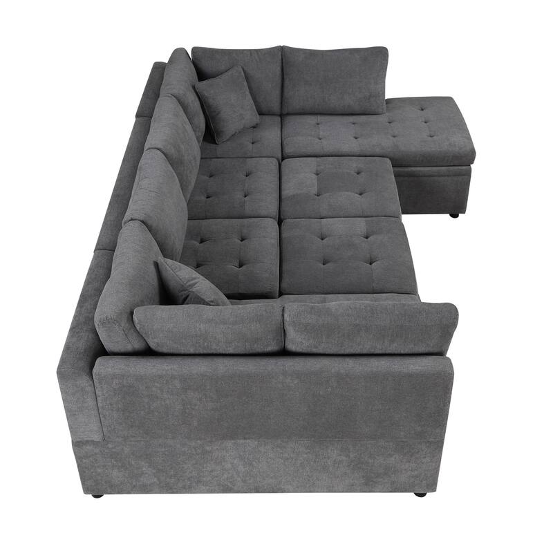 L-Shaped Reversible Sleeper Sectional Couch Pull Out Sofa Bed with Storage Racks, 2 Pillows and USB Port for Living Room