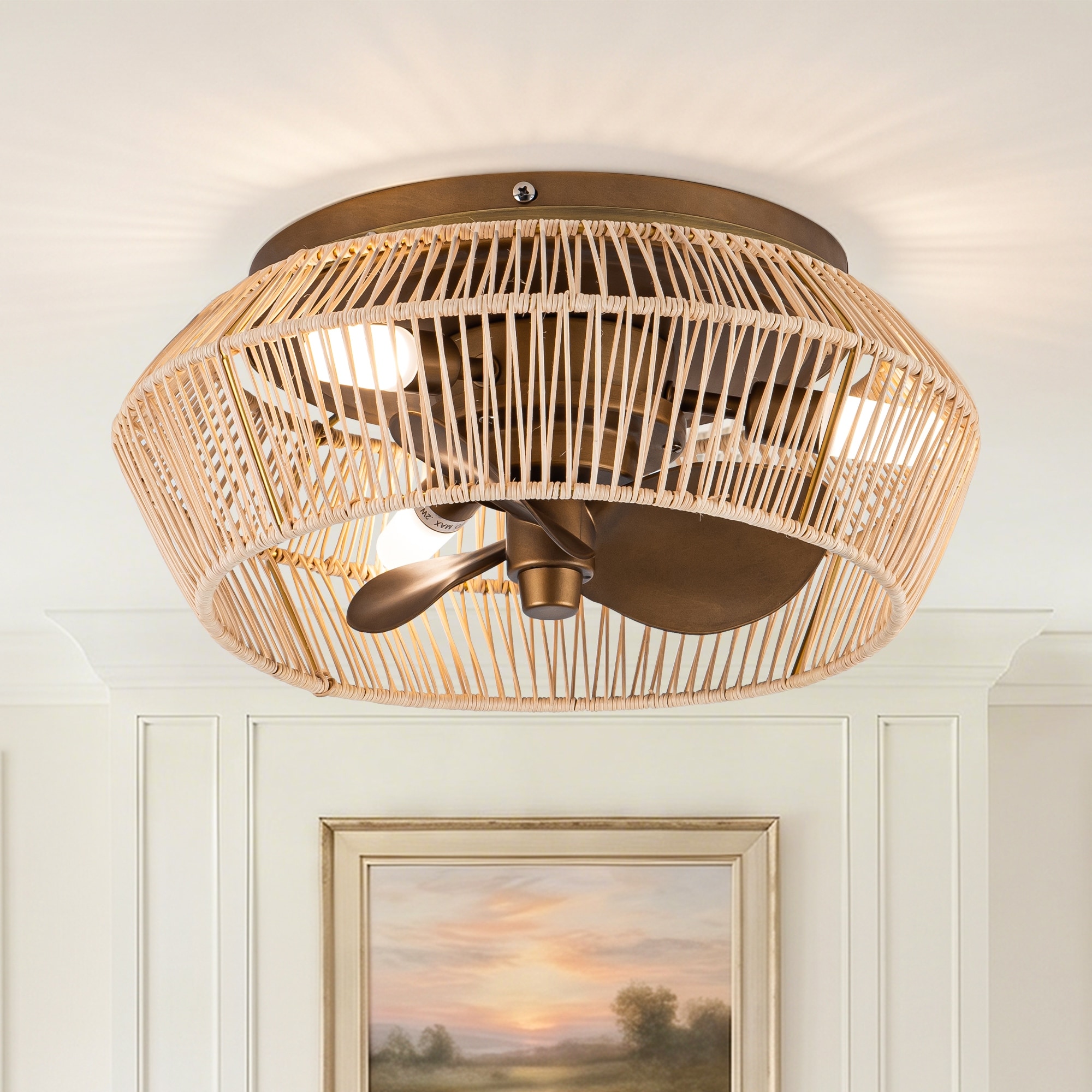Parrot Uncle 13.5" Antique Bronze Rattan Caged Flush Mount Low Profile Ceiling Fan with Light and Remote