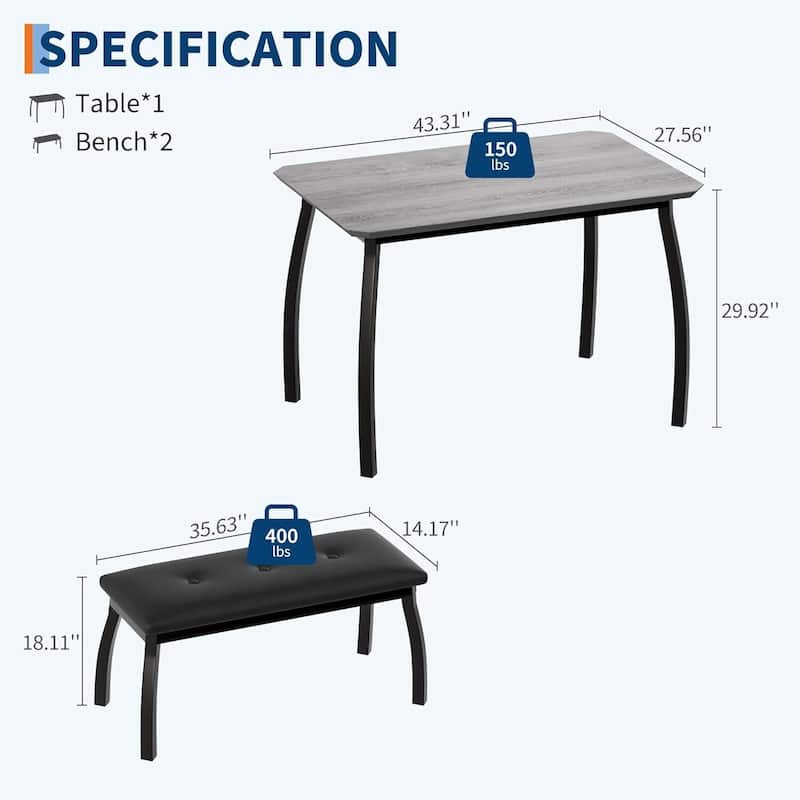 43.3" Kitchen Dining Table Set with 2 Upholstered Benches for Home Kitchen Dining