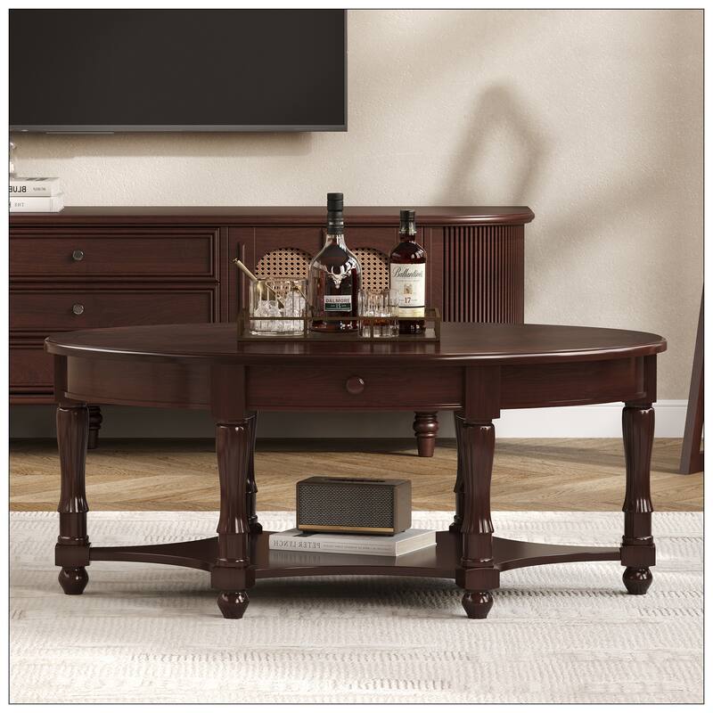 Vintage Oval Coffee Table with Drawer and Storage Shelf