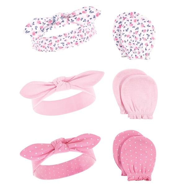 slide 1 of 1, Hudson Baby Infant Girl Cotton Headband and Scratch Mitten 6pc Set, Blue Pink Floral, 0-6 Months - Blue Pink Floral Blue Pink Floral - 0-6 Months