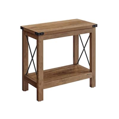 2-Tier Honey Brown Wooden Side End Table with Shelf and Steel X-Bars for Living Room or Bedroom - 11.8"D x 23.6"W x 21.6"H