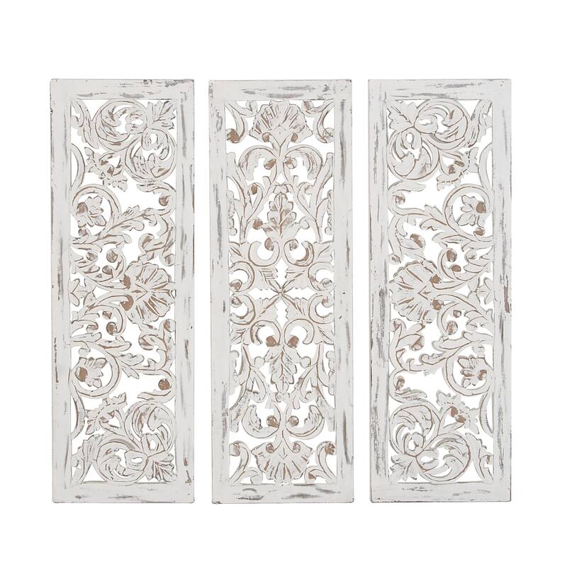 White Wooden Handmade Intricately Carved Floral Home Wall Decor (Set of 3)