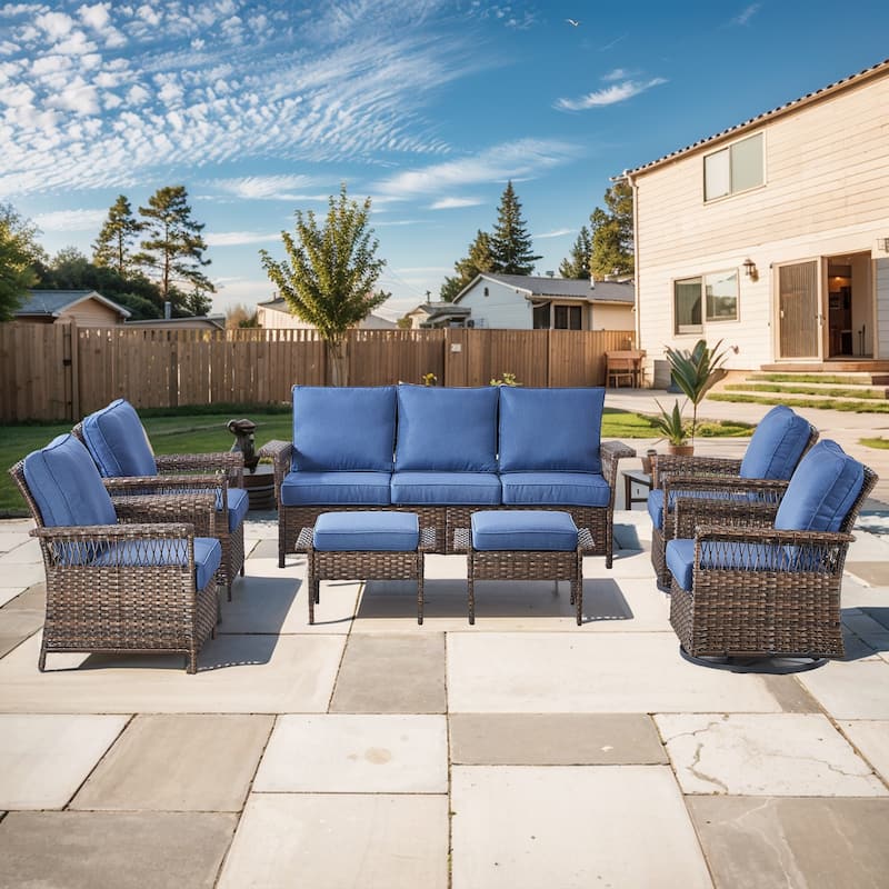 7 Piece Patio Sofa Swivel Chairs and Ottomans - Brown - Blue