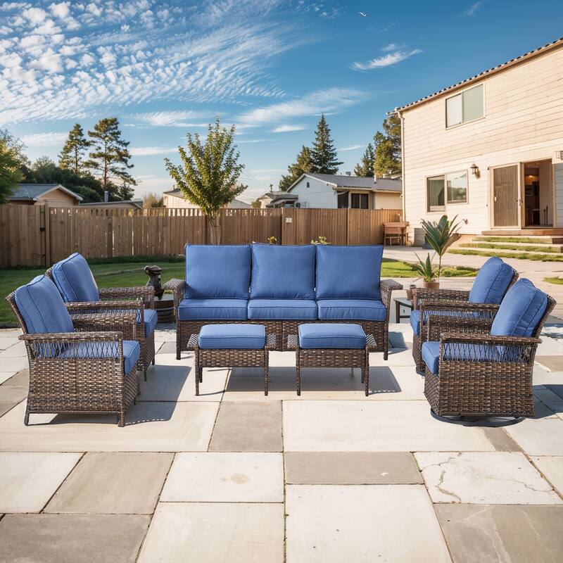 Gymojoy Premium Outdoor 3-Seat Rattan Sofa with Comfortable Cushions - 7-Piece - Blue