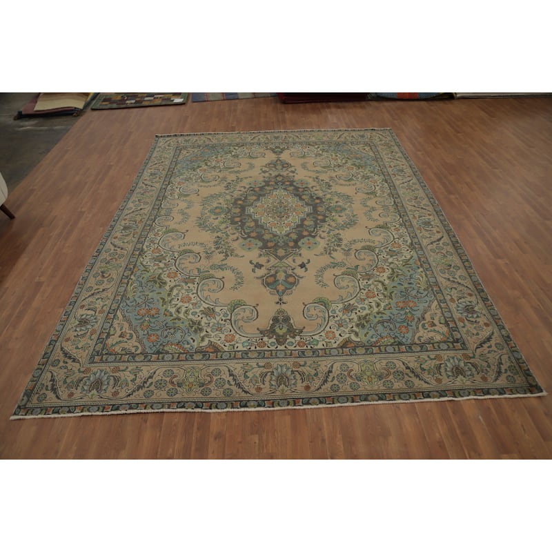 Hand Knotted Oriental 100% Wool Carpet Traditional Floral Beige & Ivories Tabriz Area Rug - 12' 9'' X 9' 8''