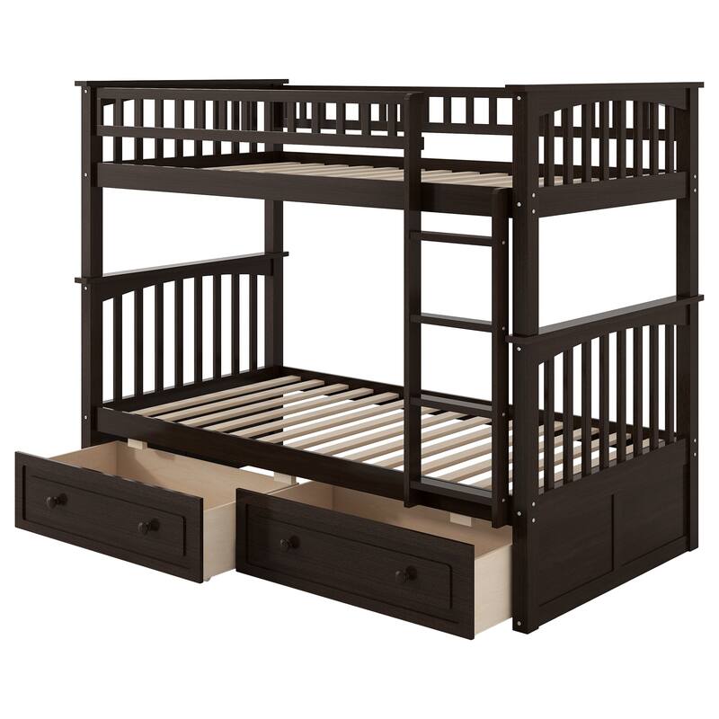 Twin over Twin Bunk Bed with Storage Drawers, Convertible to 2 Separate Beds, Espresso