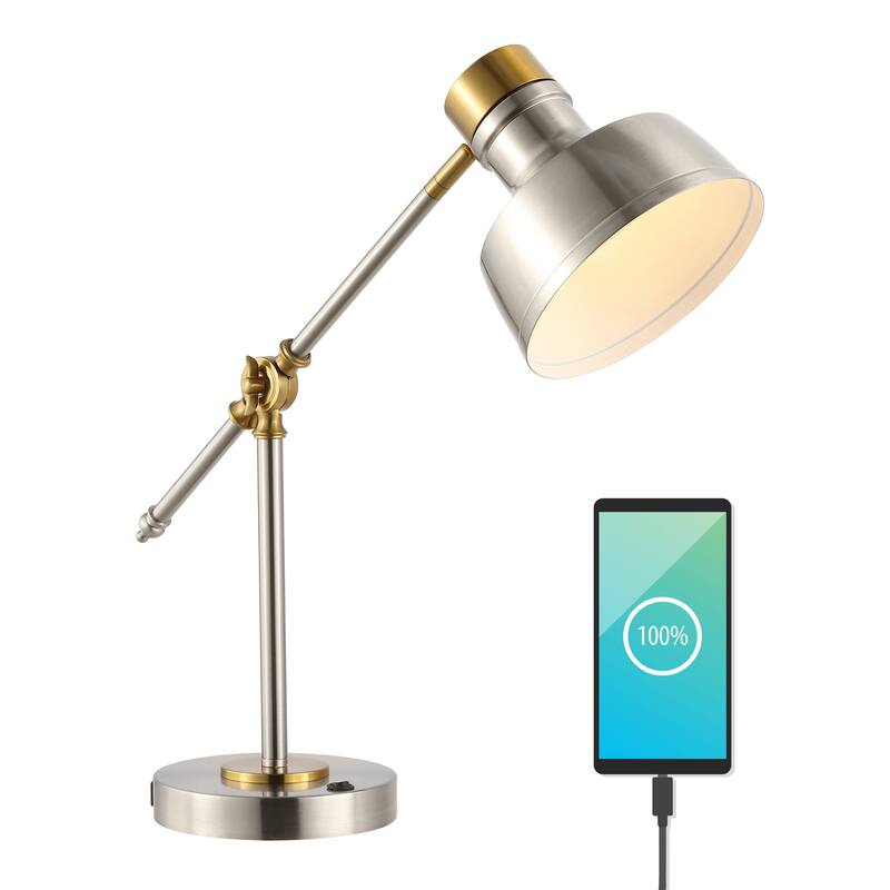 Odile 18.5" Classic Farmhouse Adjustable Cantilever LED Task Lamp with USB Charging Port, by JONATHAN Y - Nickel/Brass Gold
