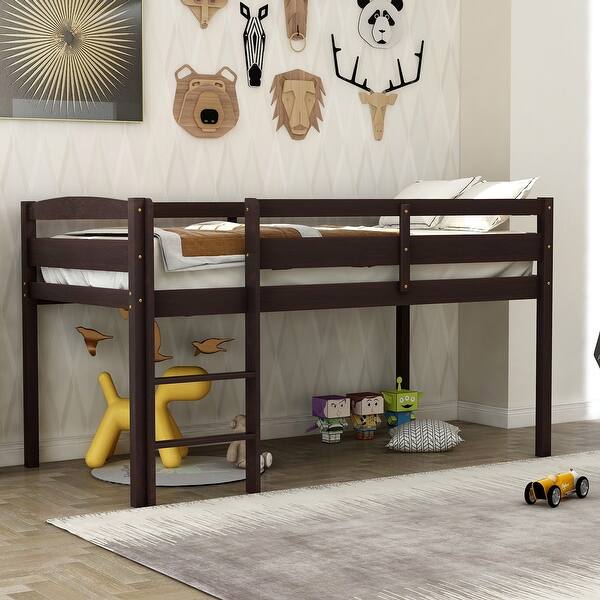 slide 2 of 21, Twin Low Loft Bed with Ladder & Fence Espresso