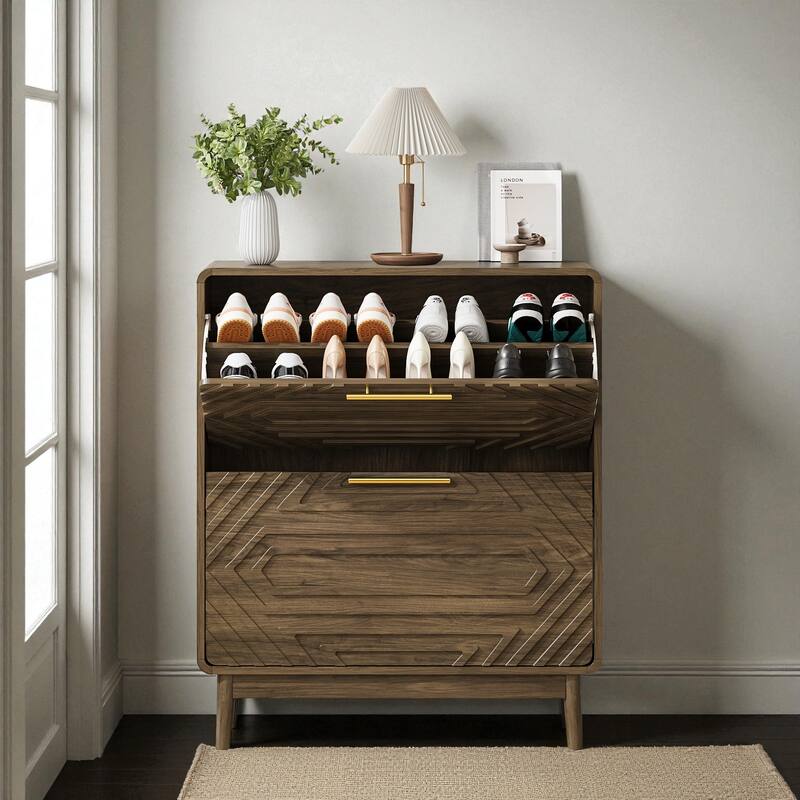 31.5" Walnut Shoe Cabinet with 2 Flip Drawers, Mid-Century Modern Freestanding Shoe Storage Organizer