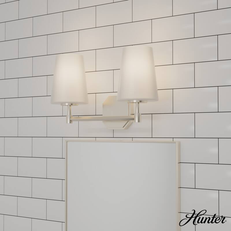 Hunter Nolita Vanity Wall Light - Bathroom - Contemporary, Transitional - White Glass Shades - Damp Rated! - 16" 2 Light - Brushed Nickel