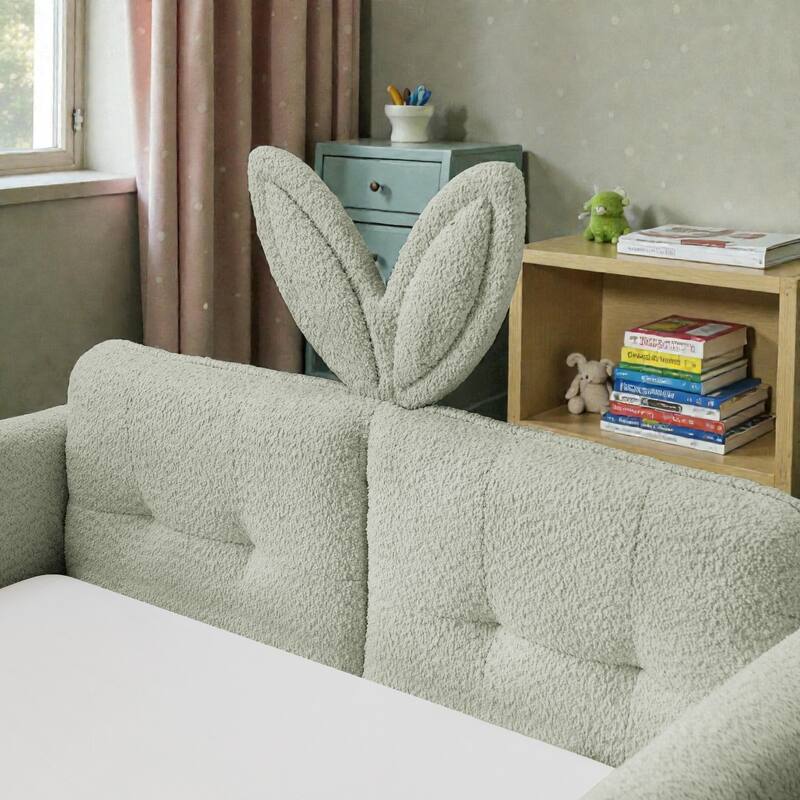 Twin Size Upholstered Platform Bed with Rabbit Ear Headboard, Kids Boucle Fabric Bed Frame with Safety Rail and Pocket