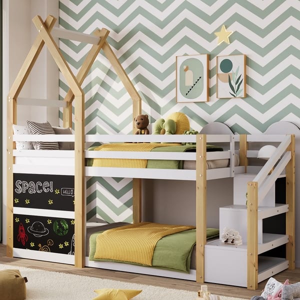 slide 2 of 7, Twin over Twin Size House Bunk Bed with Storage Staircase and 2 Blackboards