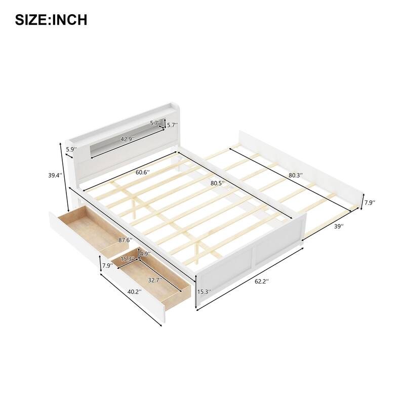 Queen Size Platform Bed with LED Headboard, Trundle & Drawers