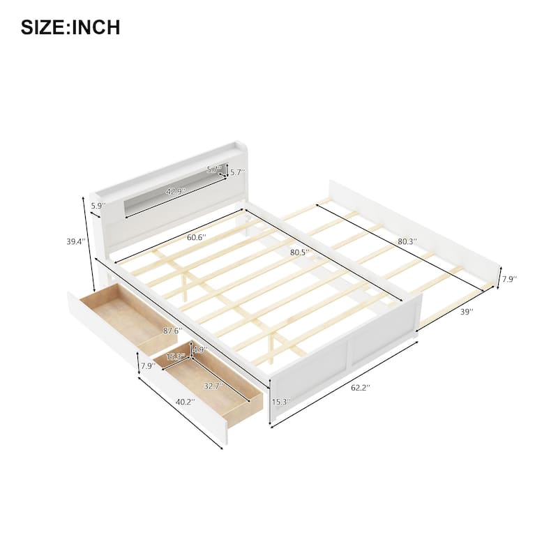 Queen Size Platform Bed with LED Lights & Trundle, Wood Storage Bed Frame with Headboard Shelf & 2 Drawers for Kids Teens Adults