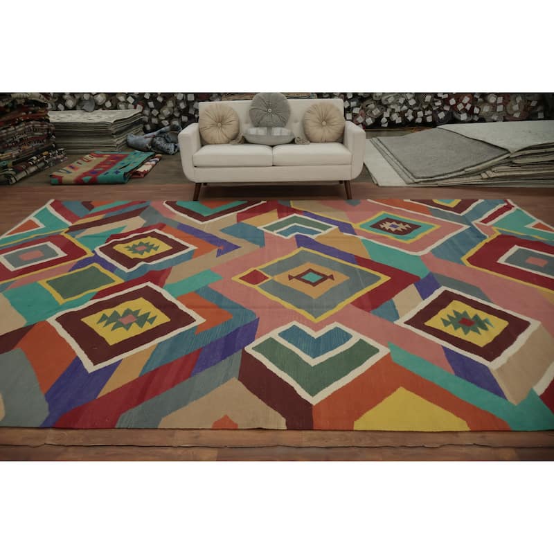 Hand Woven Oriental 100% Wool Carpet Southwestern Modern Multi-Colored Kilim Area Rug - 13' 10'' X 9' 7''