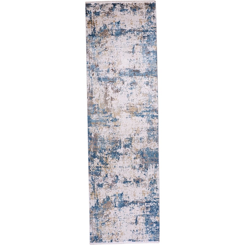 Grand Bazaar Lindstra Machine Made Abstract Modern Area Rug - 3'1" x 10' - Ivory/Tan/Blue