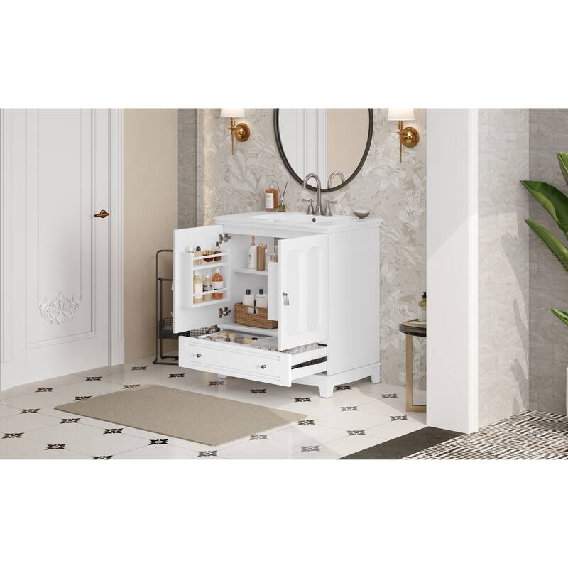 GDFStudio - Bramshire Modern Bathroom Vanity with Ceramic Sink, Solid Wood Feet, Drawer with Divider & Adjustable Shelf - 30'W