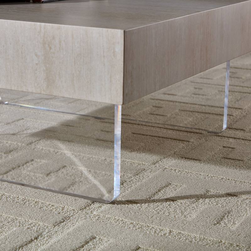 34.65" MDF Coffee Table with Faux Travertine Pattern and Acrylic Legs for Living Room