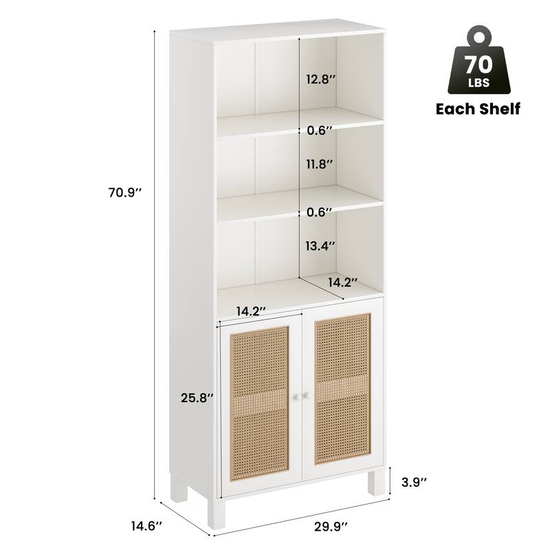 Tall Bookcase with Rattan Doors,5 Tier Storage Wood Shelves Large Bookshelf for Library Living Room Bedroom Home Office