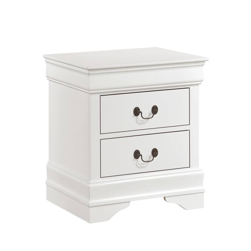 Traditional White Nightstand, Antique Drop Handles, Drawers, Bedside Table